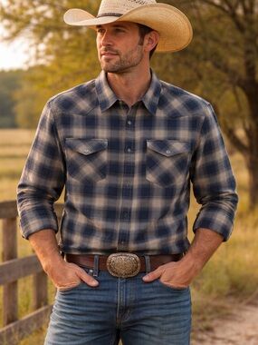 Wrangler Men's Blue and Cream Plaid Western Shirt